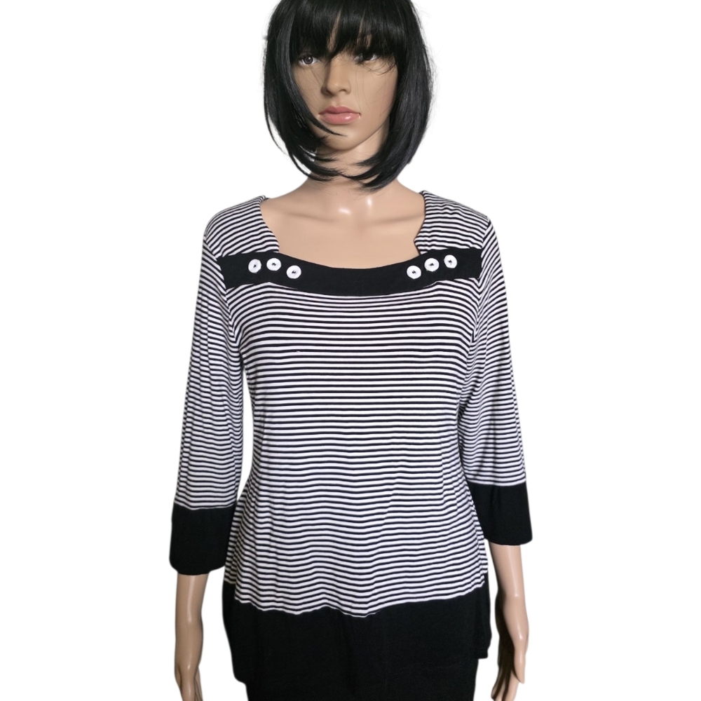 Tango mango black and white striped quarter sleeves sweater, plus size 2X